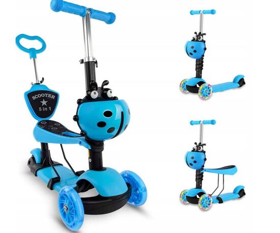 Triratis paspirtukas su stūmimo rankena Scooter 5in1, mėlynas